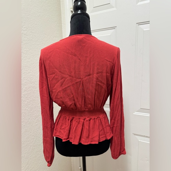 Express Red Long-Sleeve Smocked Peplum Wrap Blouse - Picture 2 of 3